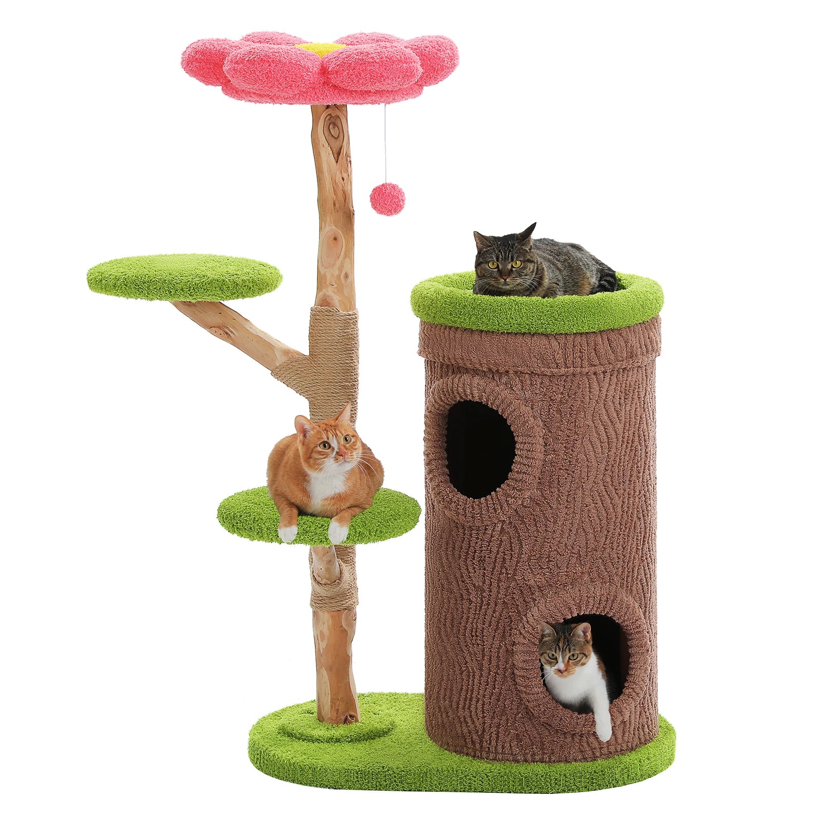 Forest Cat Tree Tower (4 Condos + Flower Top Bed + Thick Scratcher)