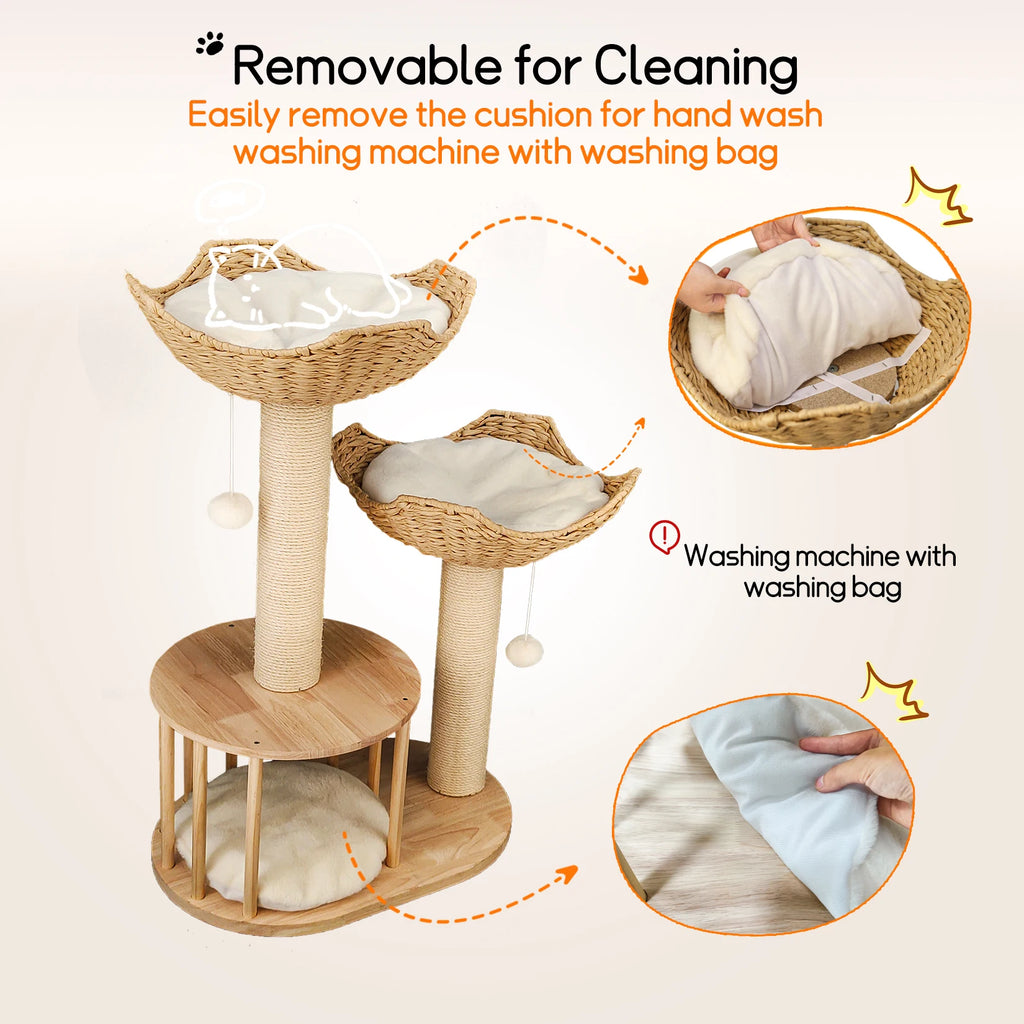 3-Tier Natural Wood Climbing & Rest Tower for Indoor Cats