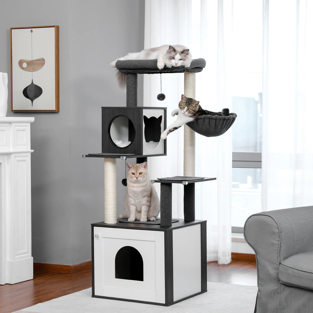 Multi-Level Wooden Cat Tree Tower with Condo, Hammock & Scratching Posts