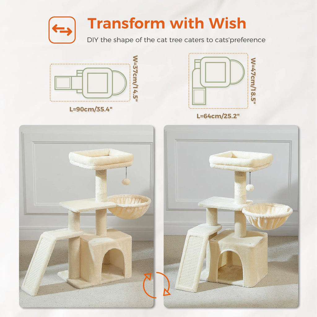 Small Cat Tree Tower with Sisal Scratching Ramp, Condo, Hammock & Top Perch