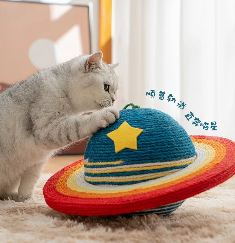 Starry Sky Planet Cat Scratcher – Natural Sisal Scratch Post with Play Ball, Indoor Cat Scratch Pad