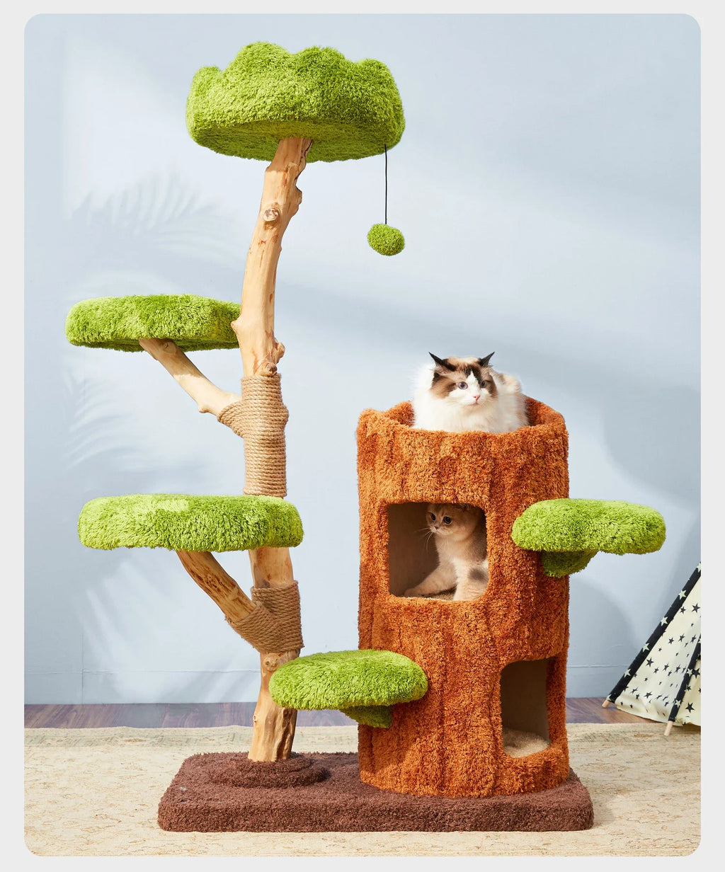 Nordic Forest Cat Tower Playground (Wood Look, Condo Hideouts + Scratching Posts)