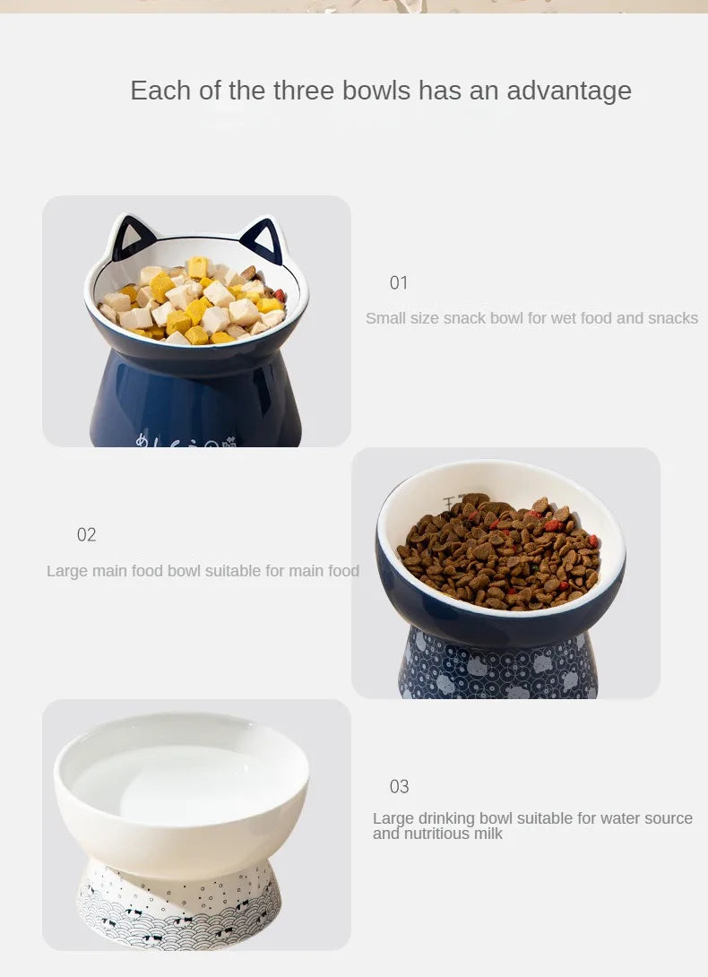 Japanese-Style Elevated Ceramic Double Cat Bowl