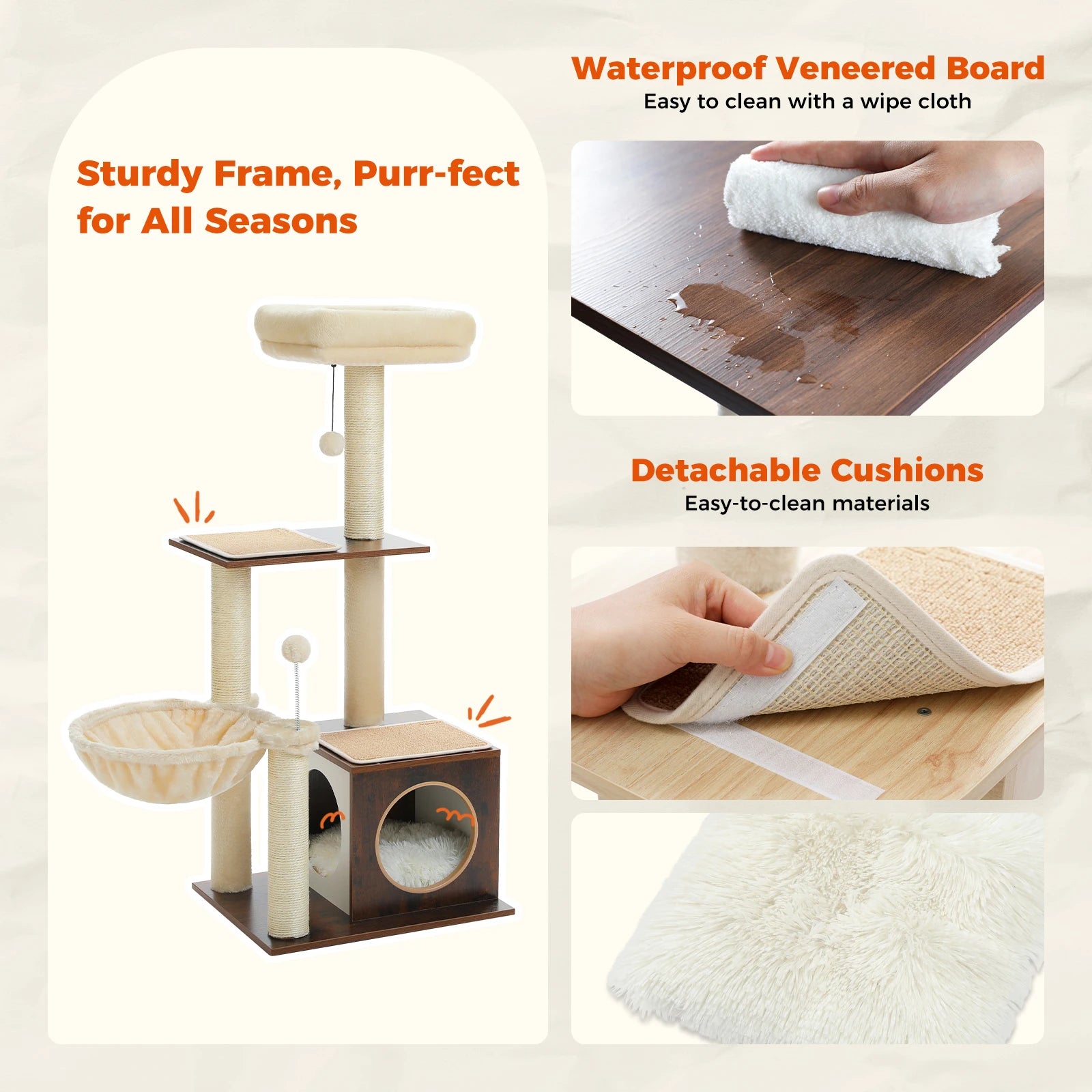 Modern Wooden Cat Tree with Condo, Hammock & Scratching Posts for Indoor Cats
