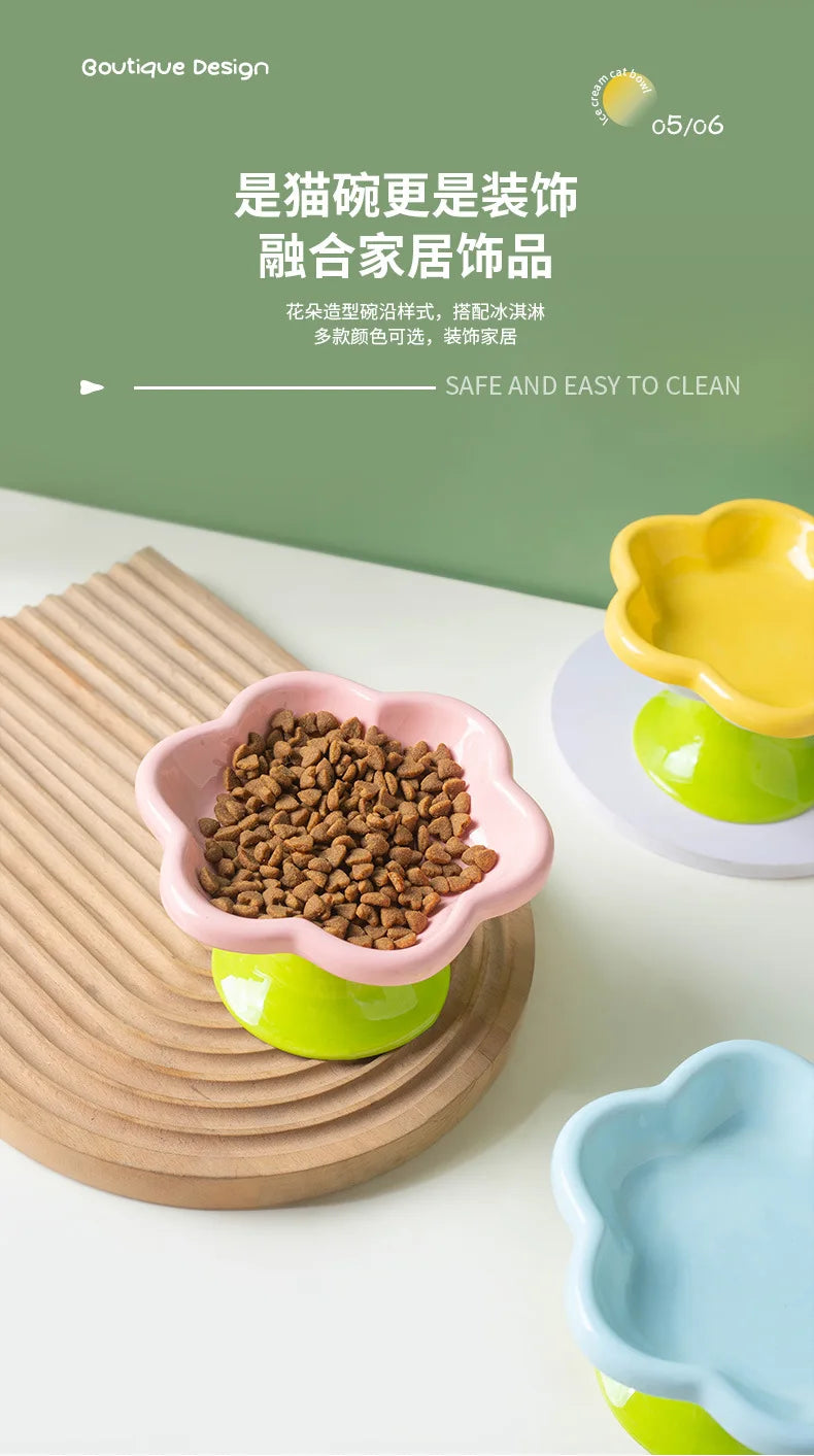Ceramic Flower Raised Cat Bowl with Stand