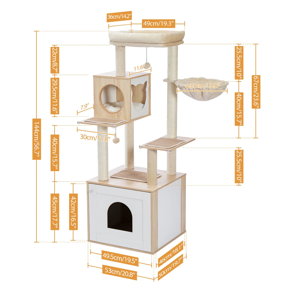 Multi-Level Wooden Cat Tree Tower with Condo, Hammock & Scratching Posts