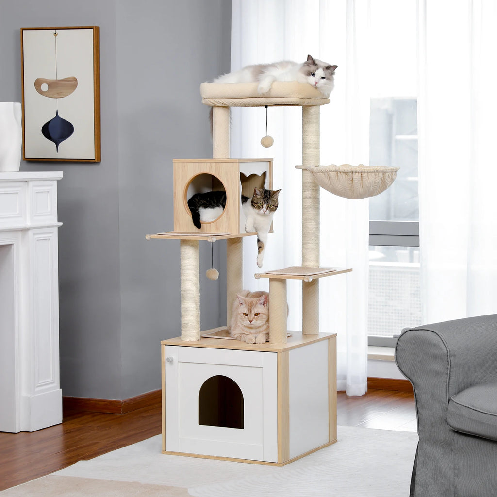 Multi-Level Wooden Cat Tree Tower with Condo, Hammock & Scratching Posts