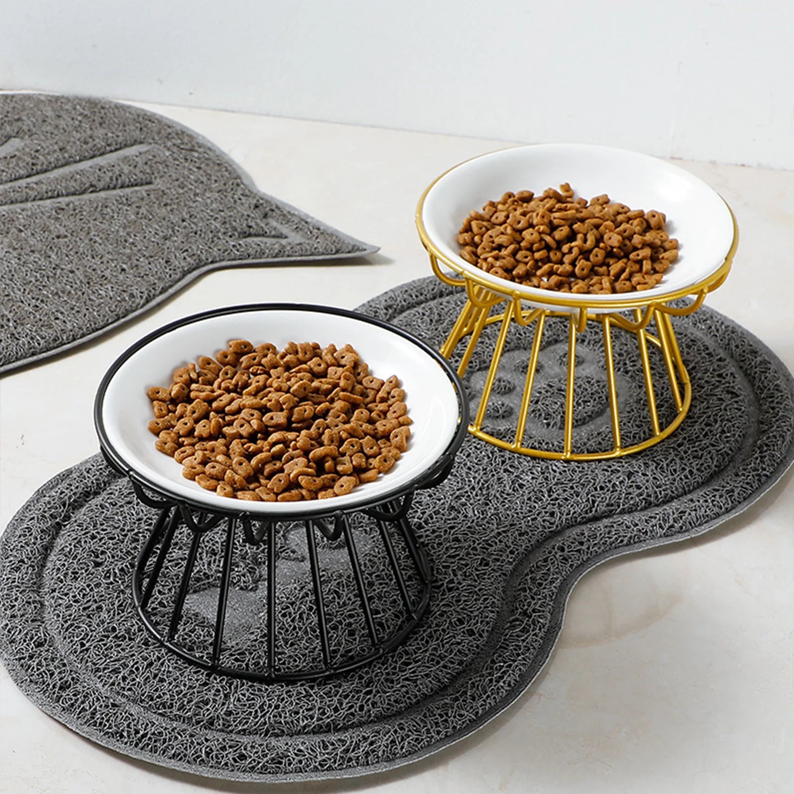 Wide Ceramic Whisker-Friendly Cat Bowl with Iron Stand