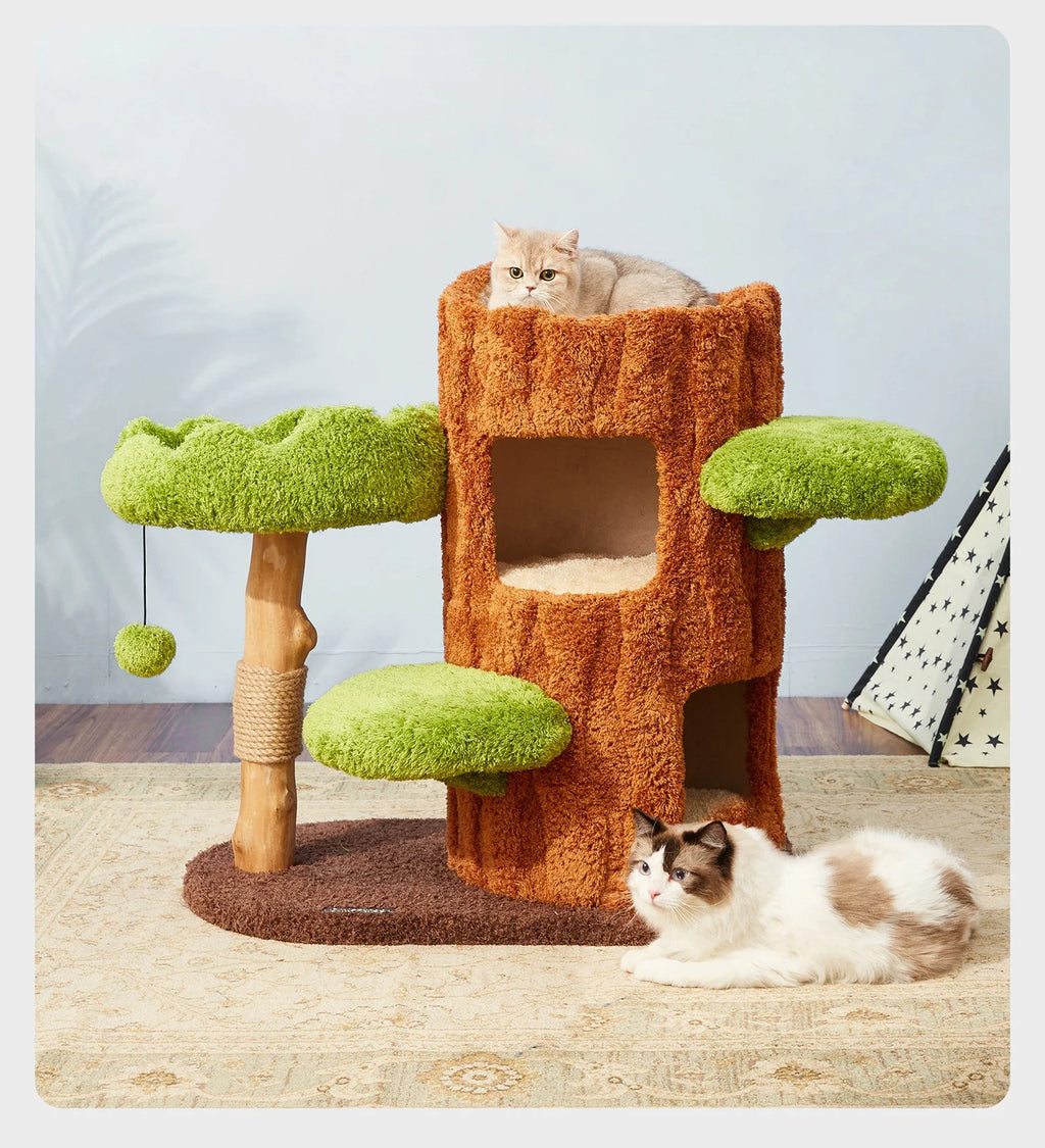 Nordic Forest Cat Tower Playground (Wood Look, Condo Hideouts + Scratching Posts)