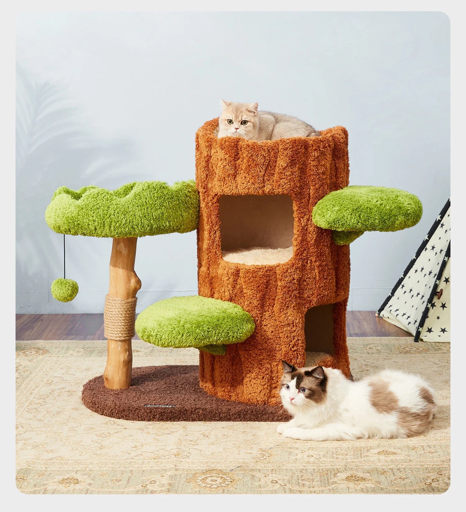 Nordic Forest Cat Tower Playground (Wood Look, Condo Hideouts + Scratching Posts)