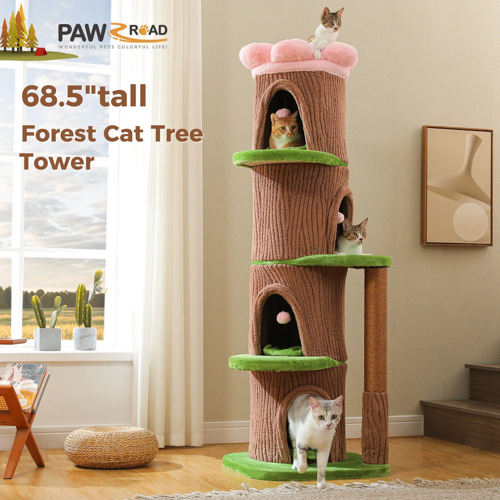 Forest Cat Tree Tower (4 Condos + Flower Top Bed + Thick Scratcher)