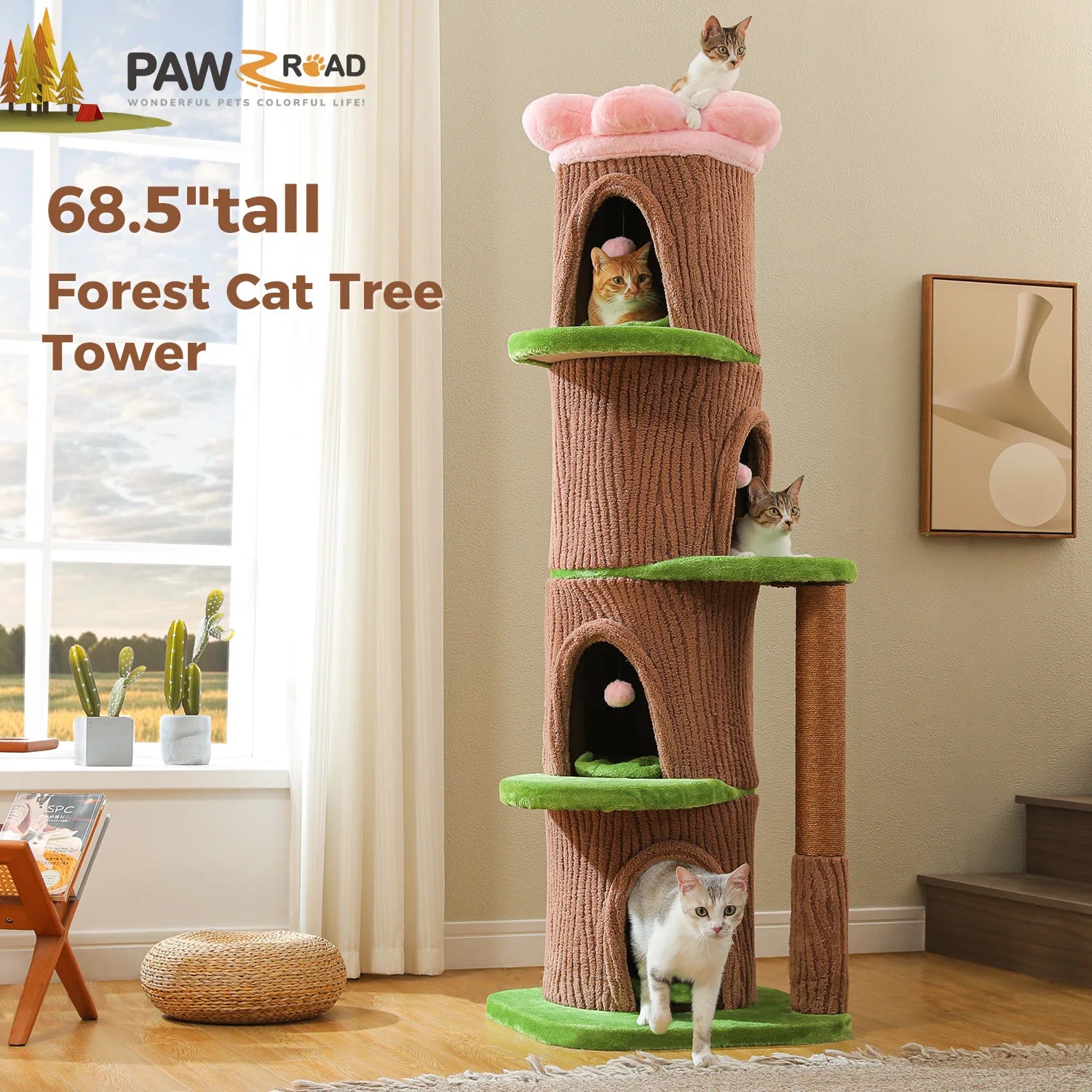 Forest Cat Tree Tower (4 Condos + Flower Top Bed + Thick Scratcher)