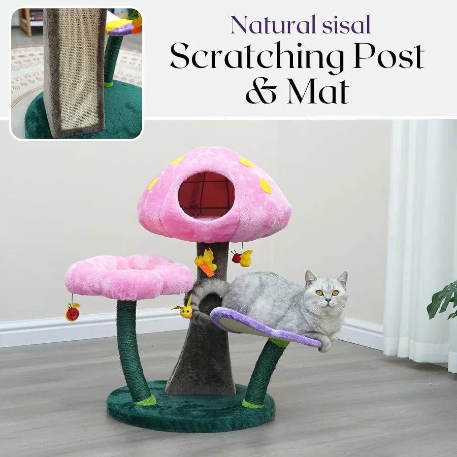 Wonderland Mushroom Cat Tree (31") – 3-Level Tower w/ Mushroom Condo, Flower Perch, Sisal Scratching Pad & Hanging Bee Toy