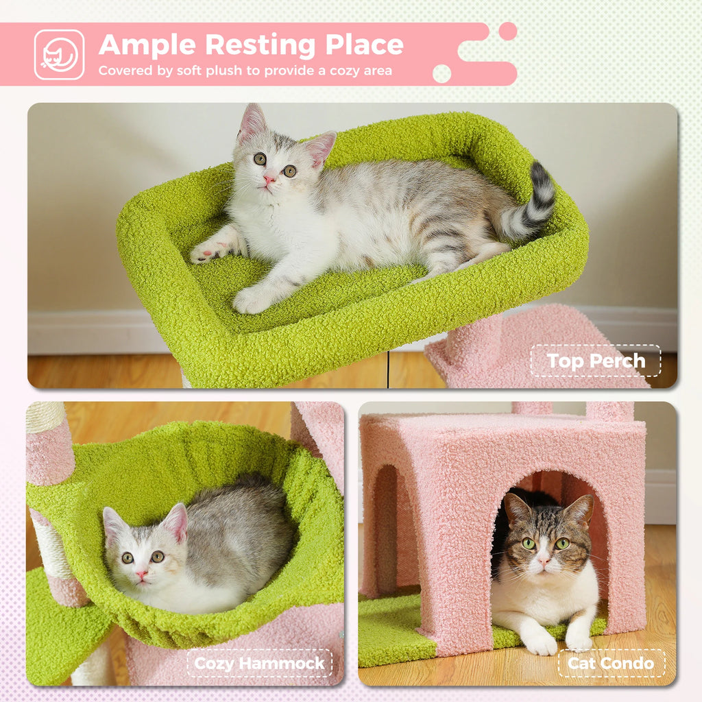 Small Cat Tree Tower with Sisal Scratching Ramp, Condo, Hammock & Top Perch