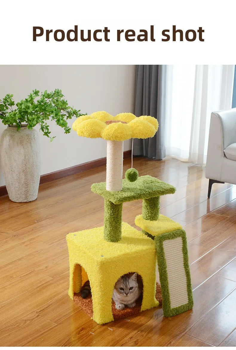 Sunflower Cat Tree Tower – Plush Velvet Cat Condo, Cozy Nest, Scratch Post & Flower Perch