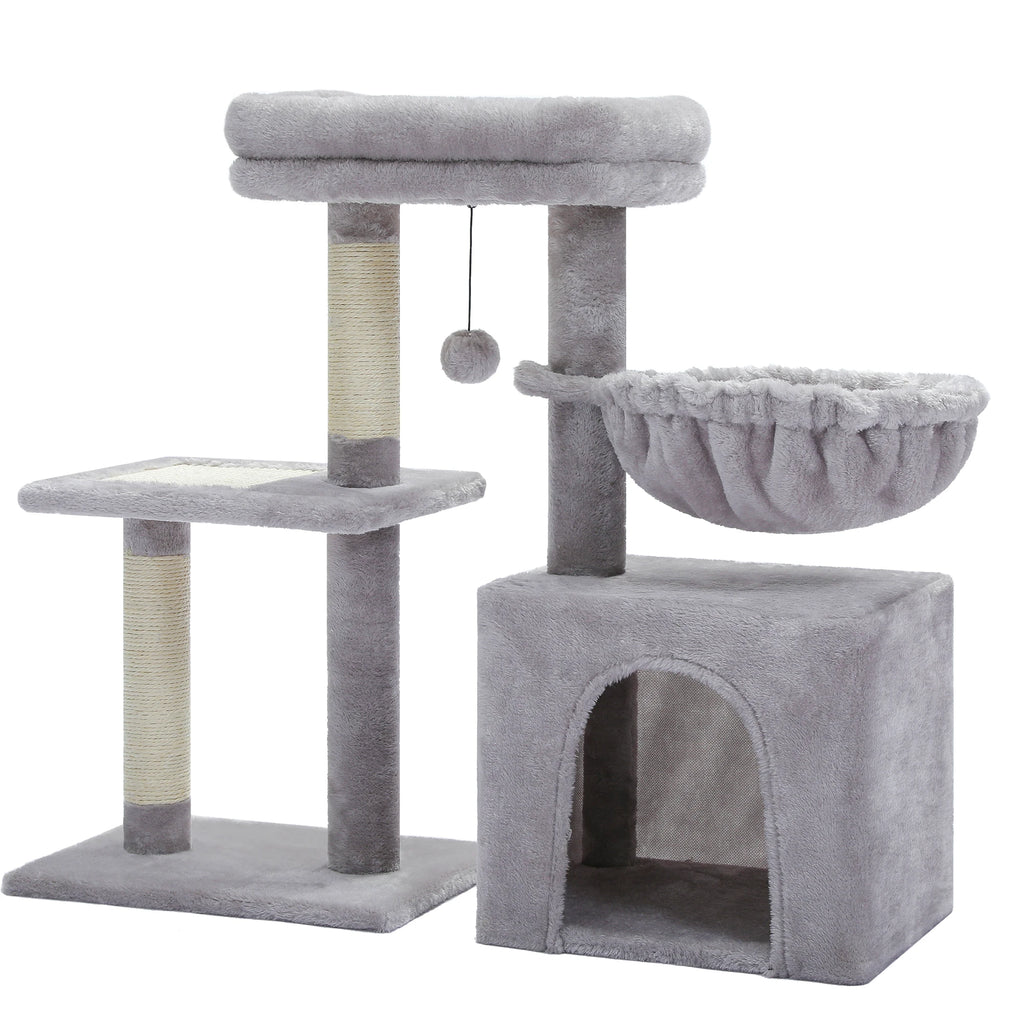 Small Cat Tree Tower with Sisal Scratching Ramp, Condo, Hammock & Top Perch