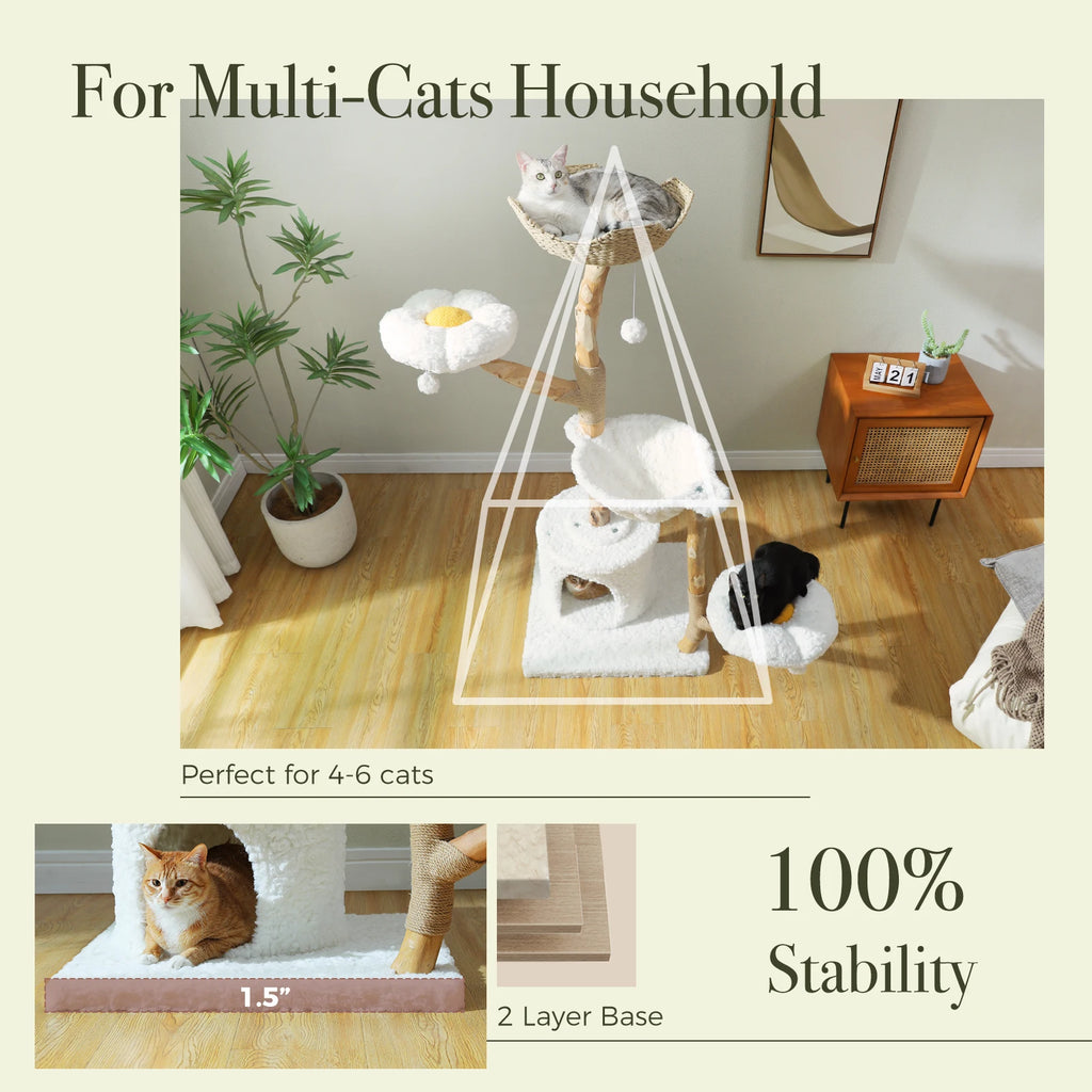 Luxury Multi-Level Flower Cat Tree Tower with Wicker Basket Bed & Solid Wood Scratching Posts