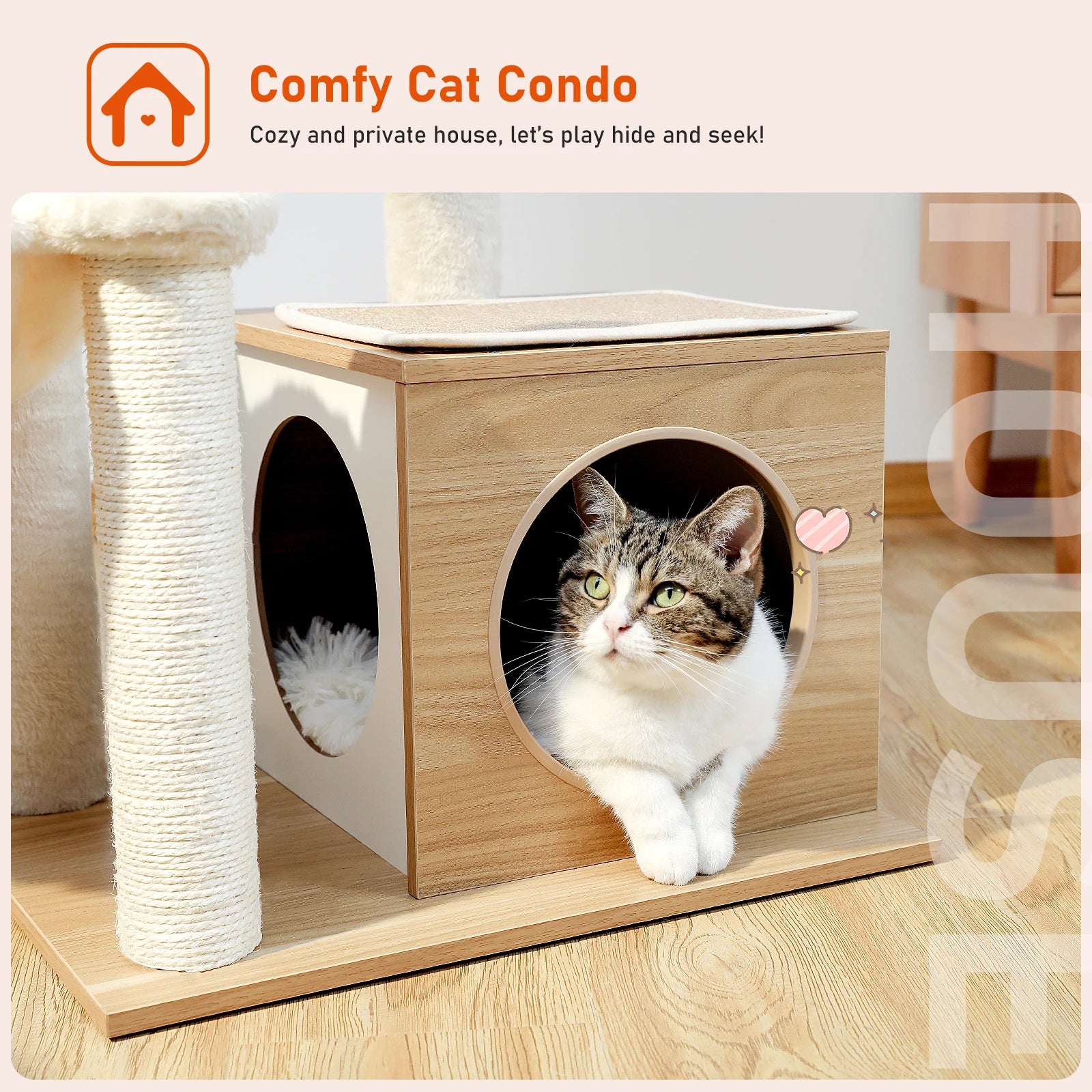 Modern Wooden Cat Tree with Condo, Hammock & Scratching Posts for Indoor Cats