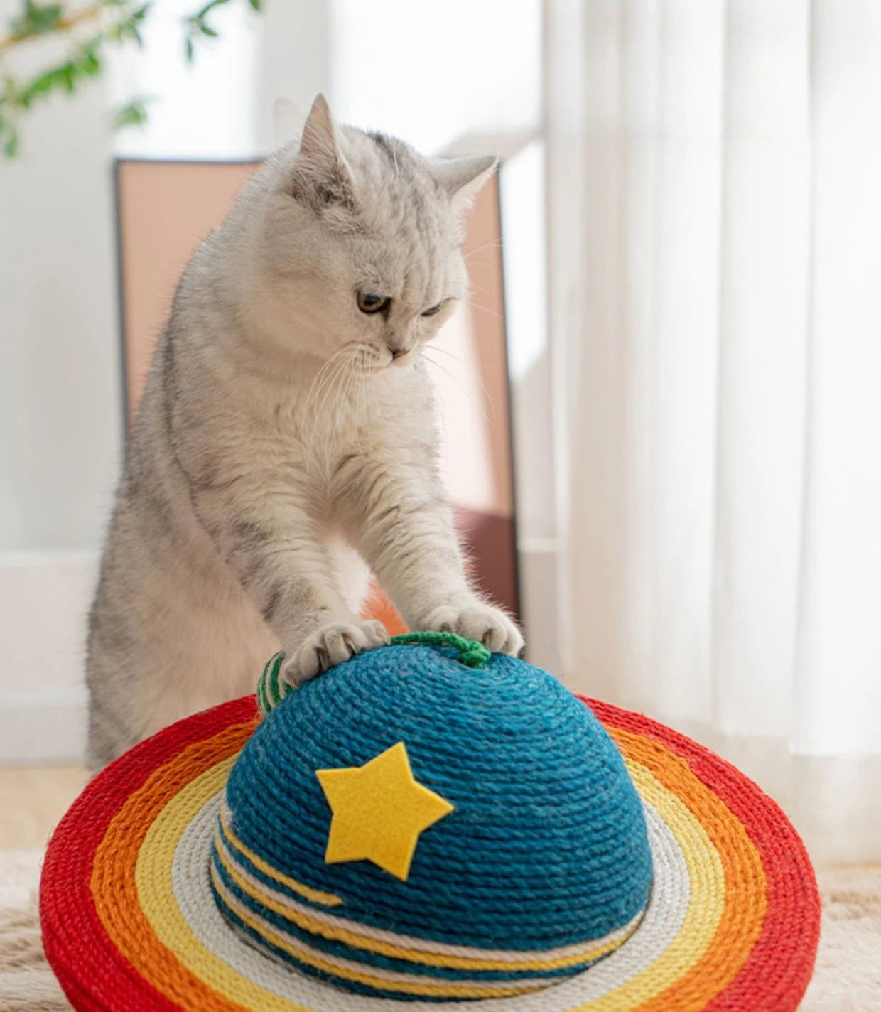 Starry Sky Planet Cat Scratcher – Natural Sisal Scratch Post with Play Ball, Indoor Cat Scratch Pad