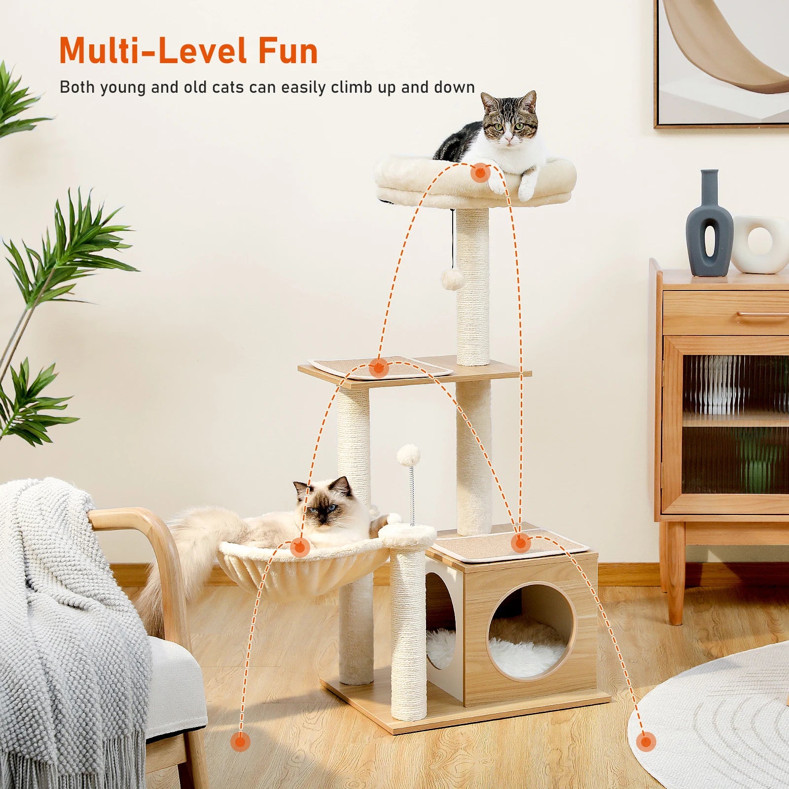 Modern Wooden Cat Tree with Condo, Hammock & Scratching Posts for Indoor Cats