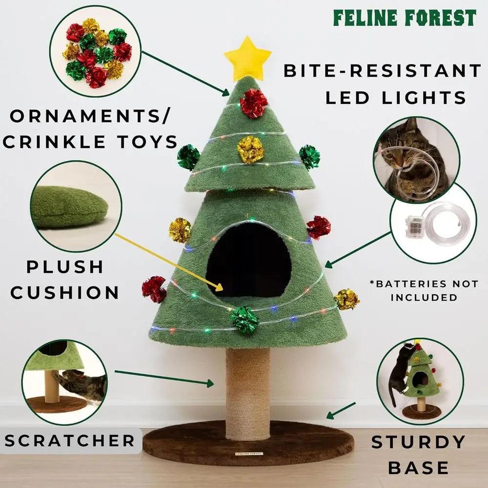 Cat-Friendly Christmas Tree Cat Tower (40” Tall, LED Lights, Scratch & Cozy Cushion)