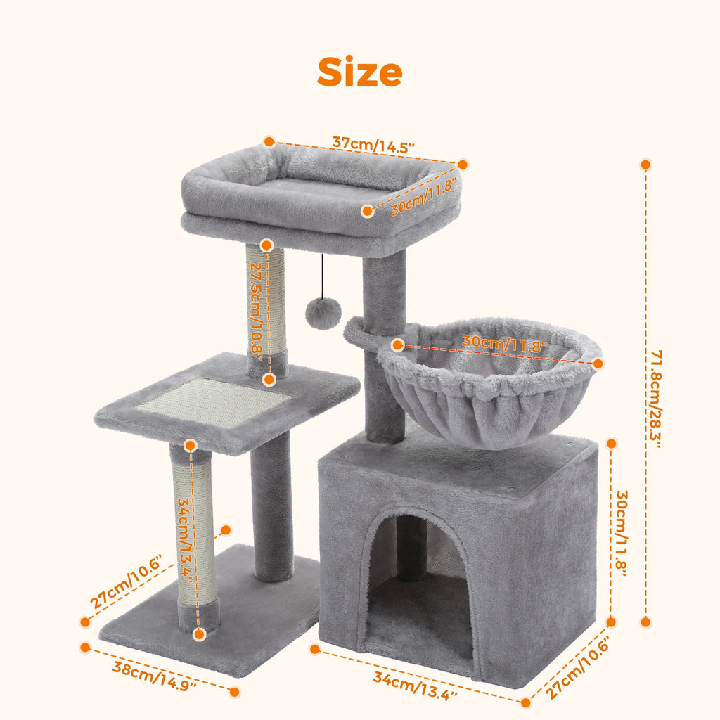 Small Cat Tree Tower with Sisal Scratching Ramp, Condo, Hammock & Top Perch