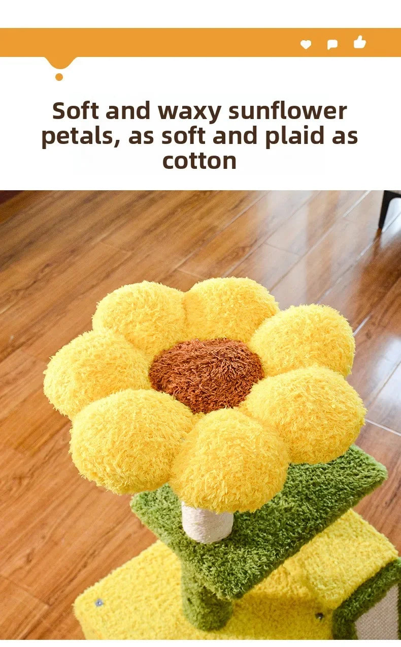 Sunflower Cat Tree Tower – Plush Velvet Cat Condo, Cozy Nest, Scratch Post & Flower Perch
