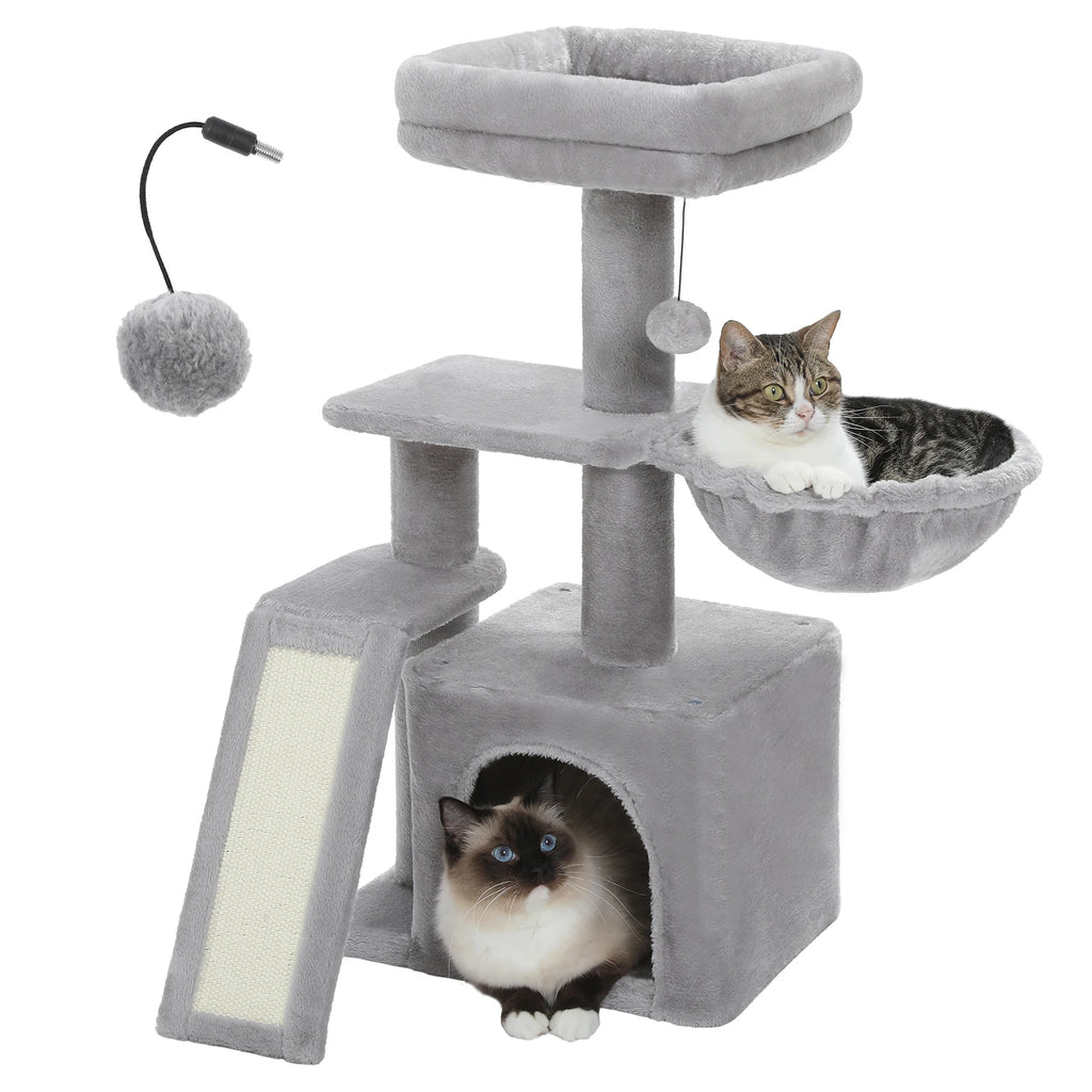 Small Cat Tree Tower with Sisal Scratching Ramp, Condo, Hammock & Top Perch
