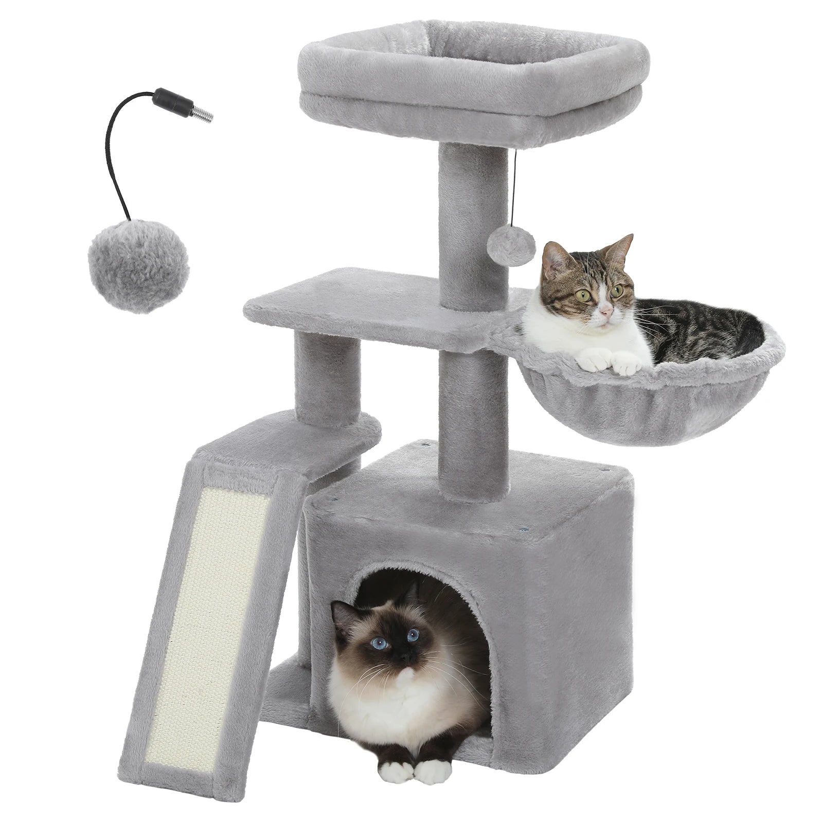 Small Cat Tree Tower with Sisal Scratching Ramp, Condo, Hammock & Top Perch