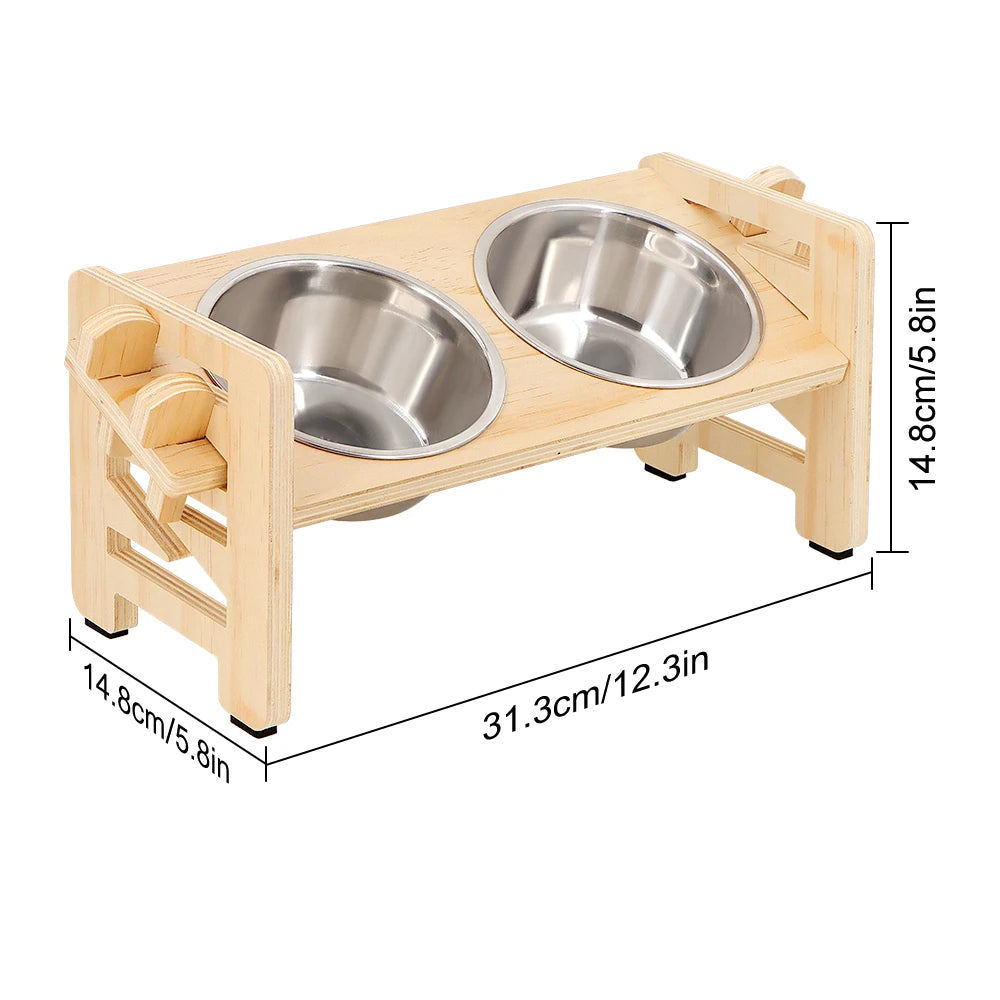 Adjustable Elevated Wooden Pet Bowl Stand with Stainless Steel Bowls