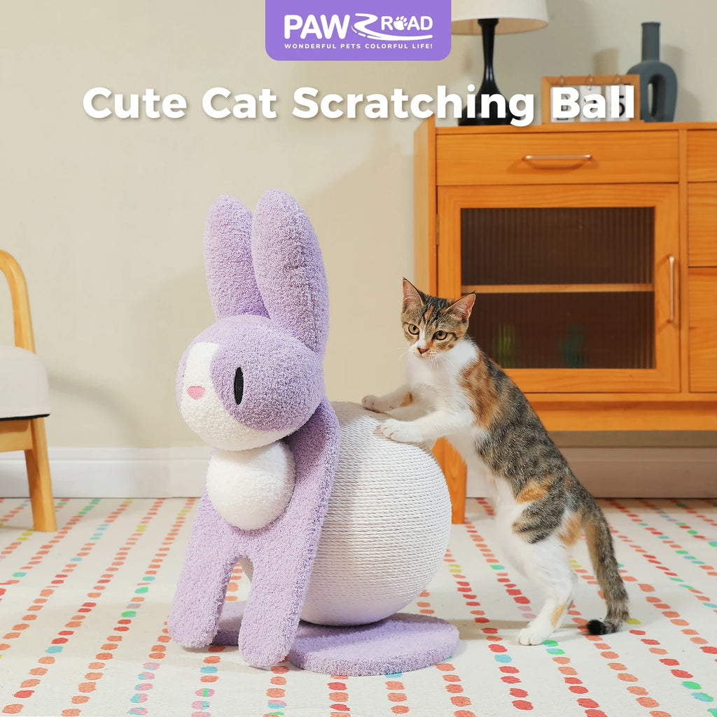 Bunny Cat Scratching Post – Paper Rope Scratch Ball with Wooden Base (61cm)
