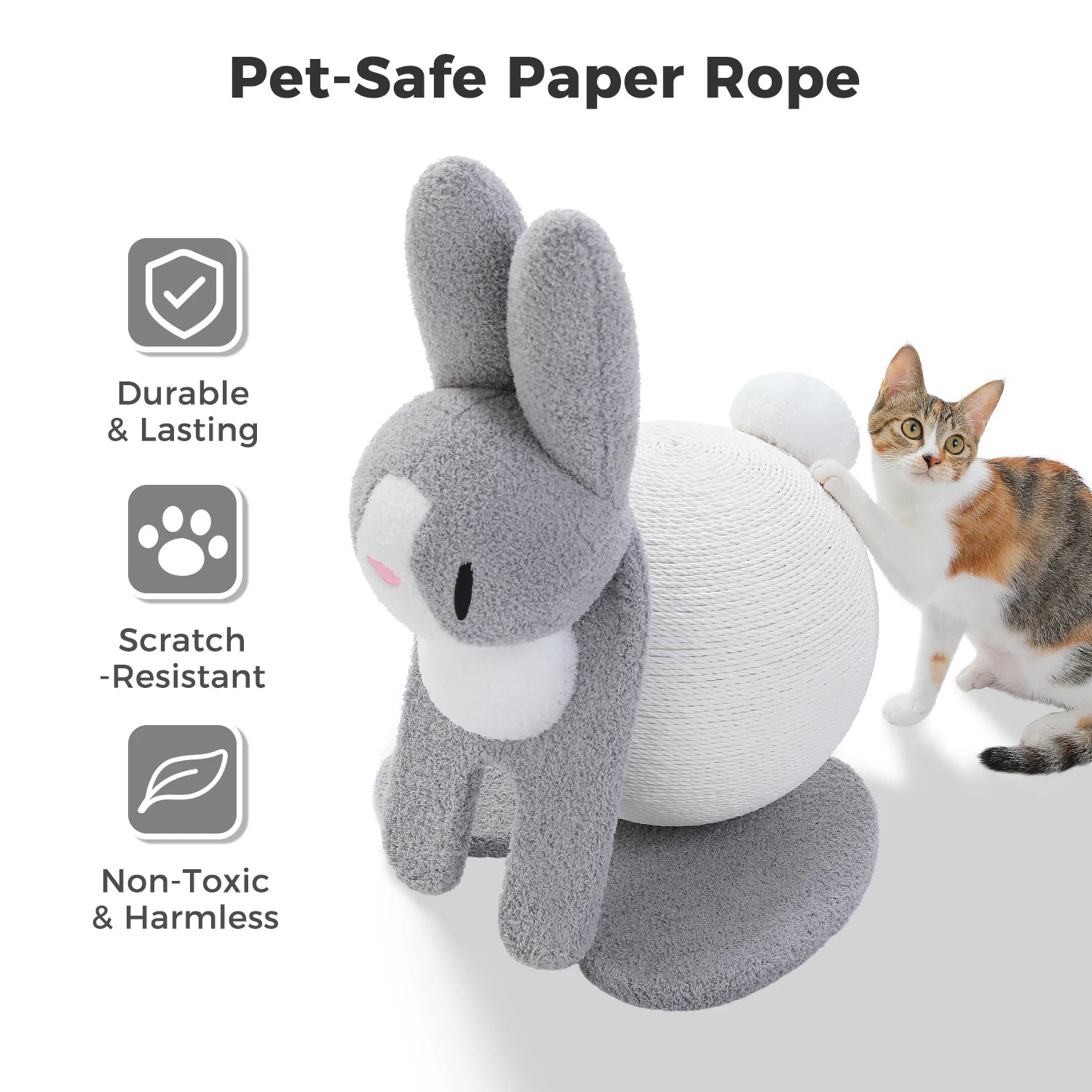 Bunny Cat Scratching Post – Paper Rope Scratch Ball with Wooden Base (61cm)