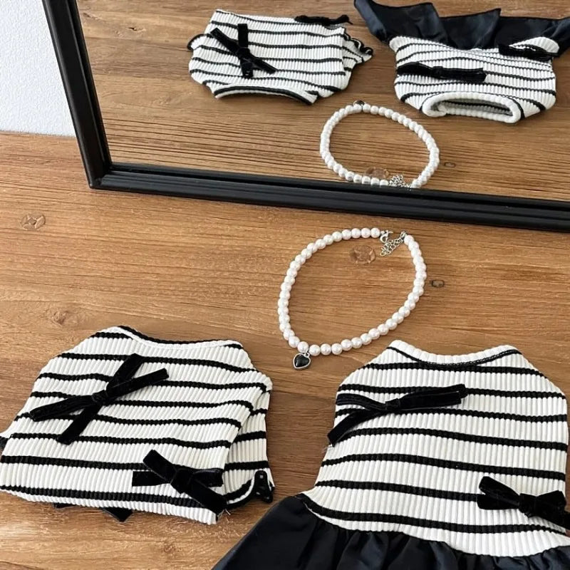 Stripe Bow Princess Pet Dress (Black & White Summer Outfit for Small Dogs) 🎀🖤🤍