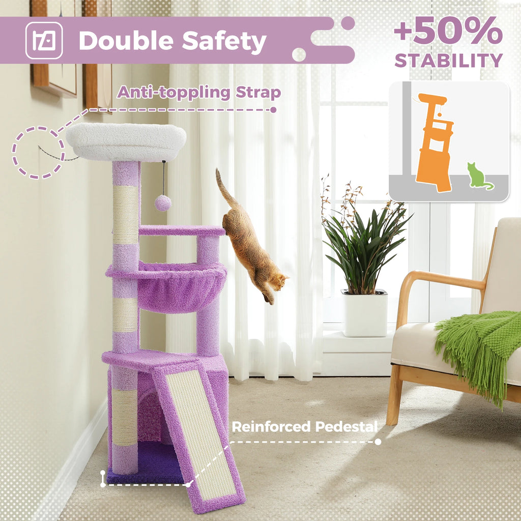 Small Cat Tree Tower with Sisal Scratching Ramp, Condo, Hammock & Top Perch