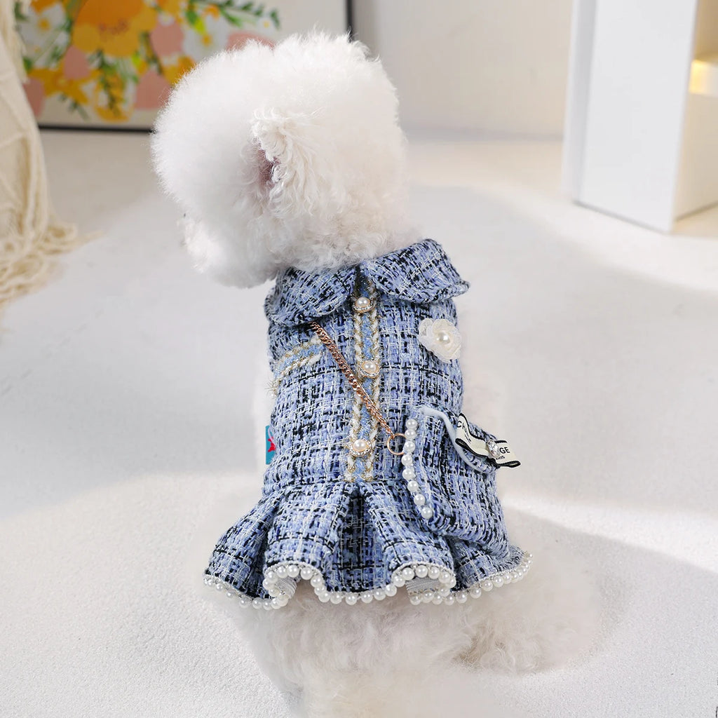 Blue Tweed Pet Dress with Mini Backpack