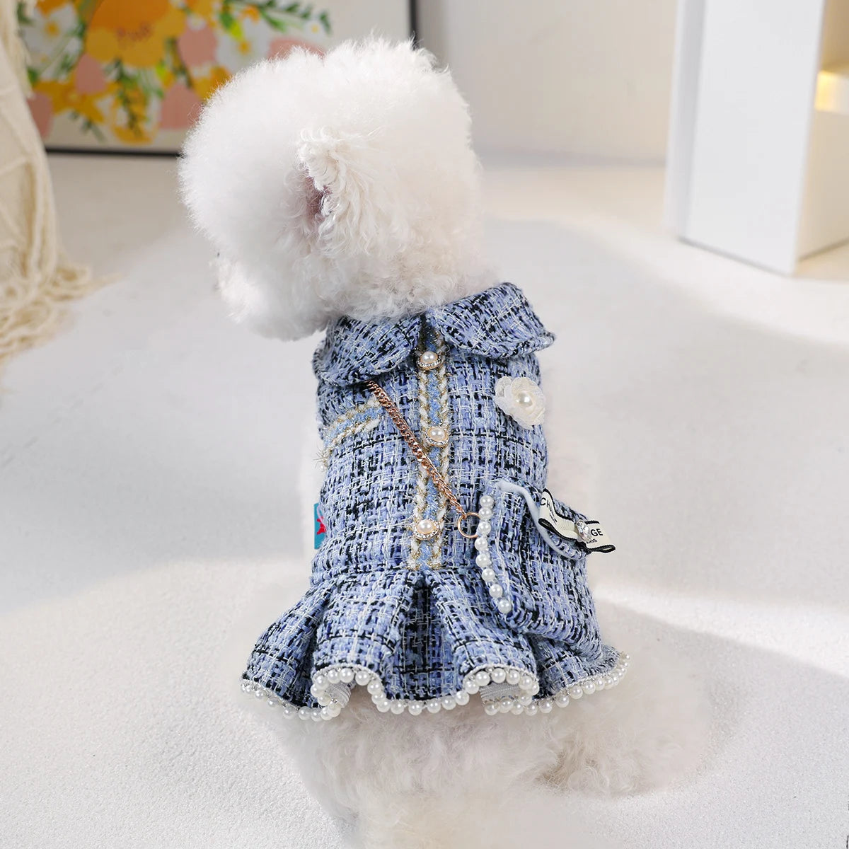 Blue Tweed Pet Dress with Mini Backpack