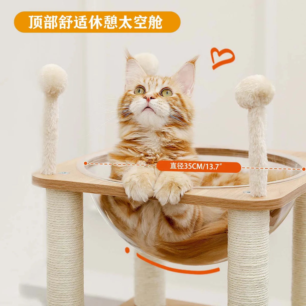 Modern Wood Cat Castle Tree (5+ Levels, Large Condos + Clear Bowl Perch)