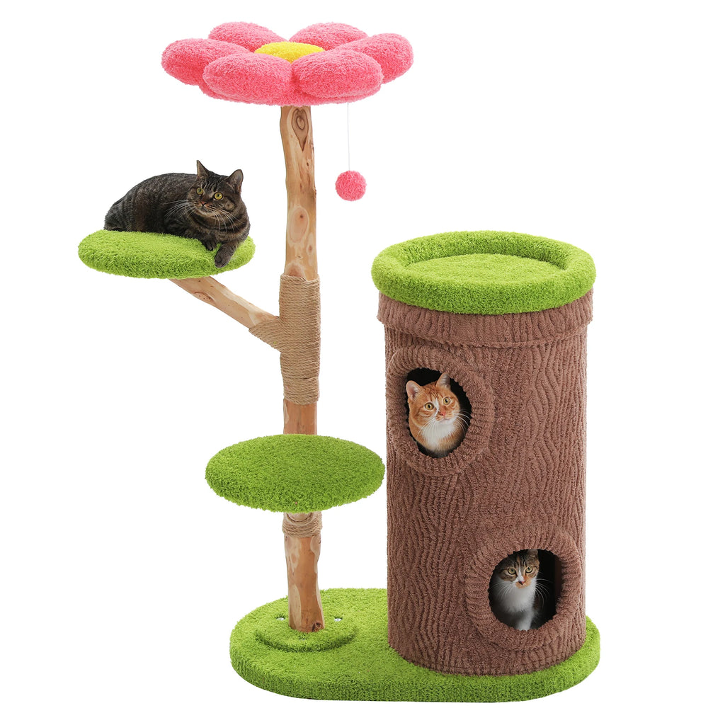 Forest Cat Tree Tower (4 Condos + Flower Top Bed + Thick Scratcher)