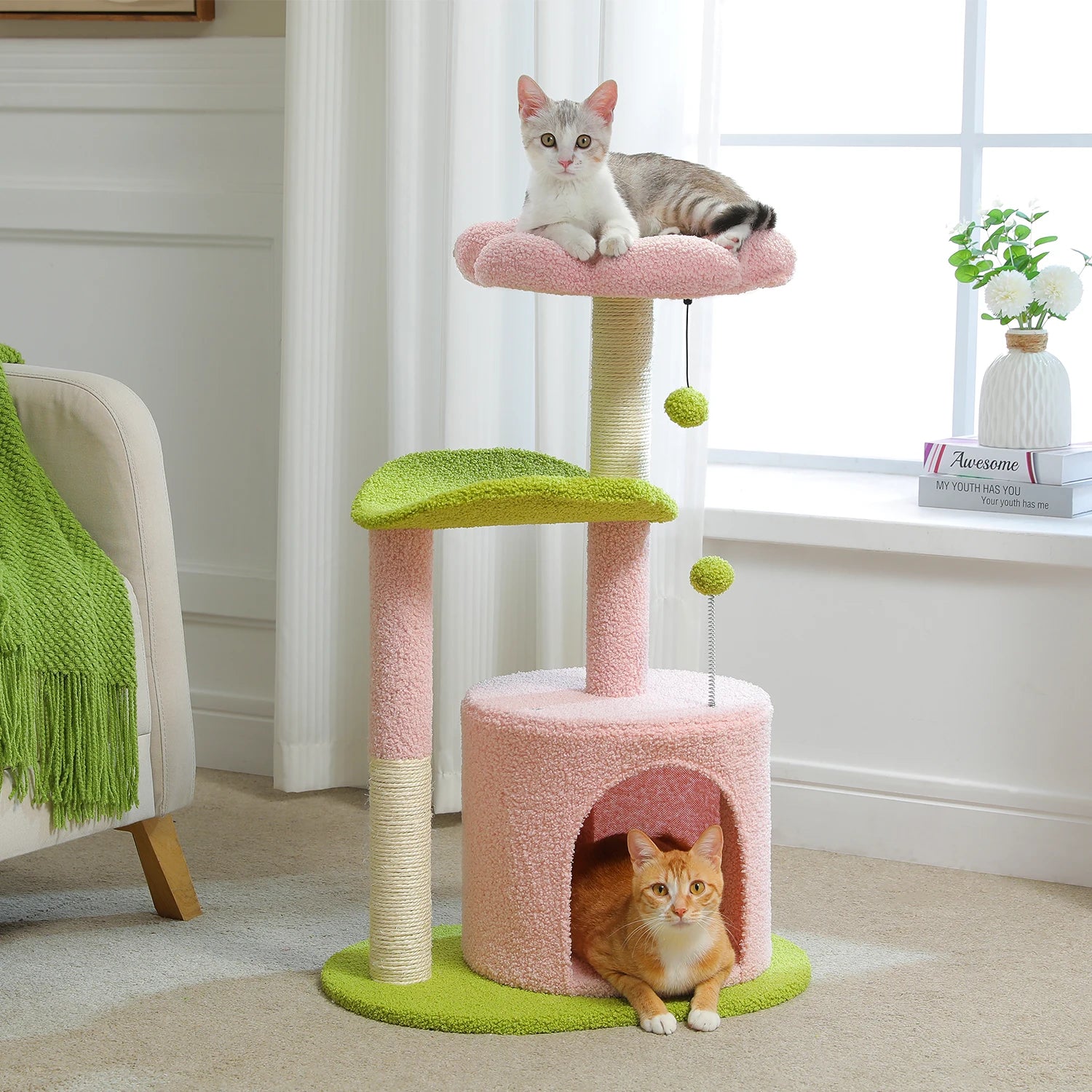Flower Cat Tree Tower (84cm) – Condo, Sisal Scratching Posts, Plush Perches & Hanging Balls