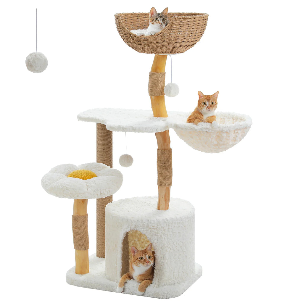 Modern White Cat Tree Tower (Flower Bed + Hammock + Condo) – 123cm