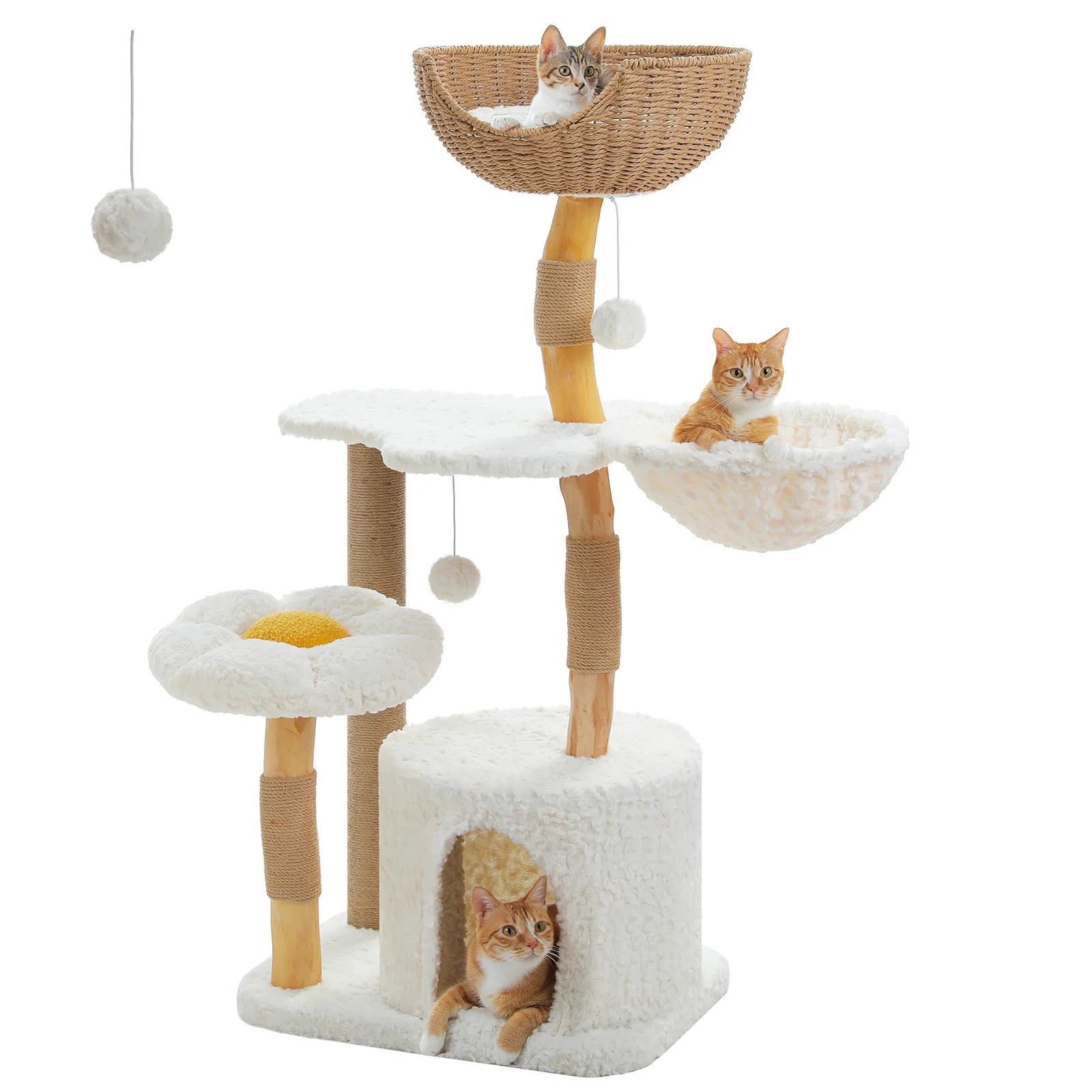 Modern White Cat Tree Tower (Flower Bed + Hammock + Condo) – 123cm