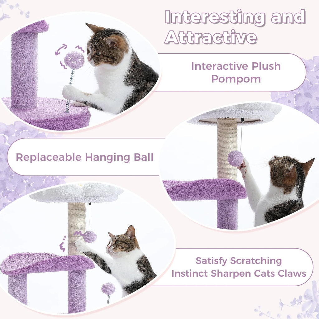 Flower Cat Tree Tower (84cm) – Condo, Sisal Scratching Posts, Plush Perches & Hanging Balls