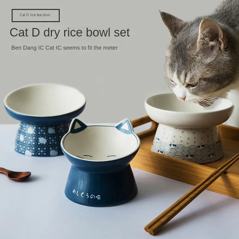Japanese-Style Elevated Ceramic Double Cat Bowl