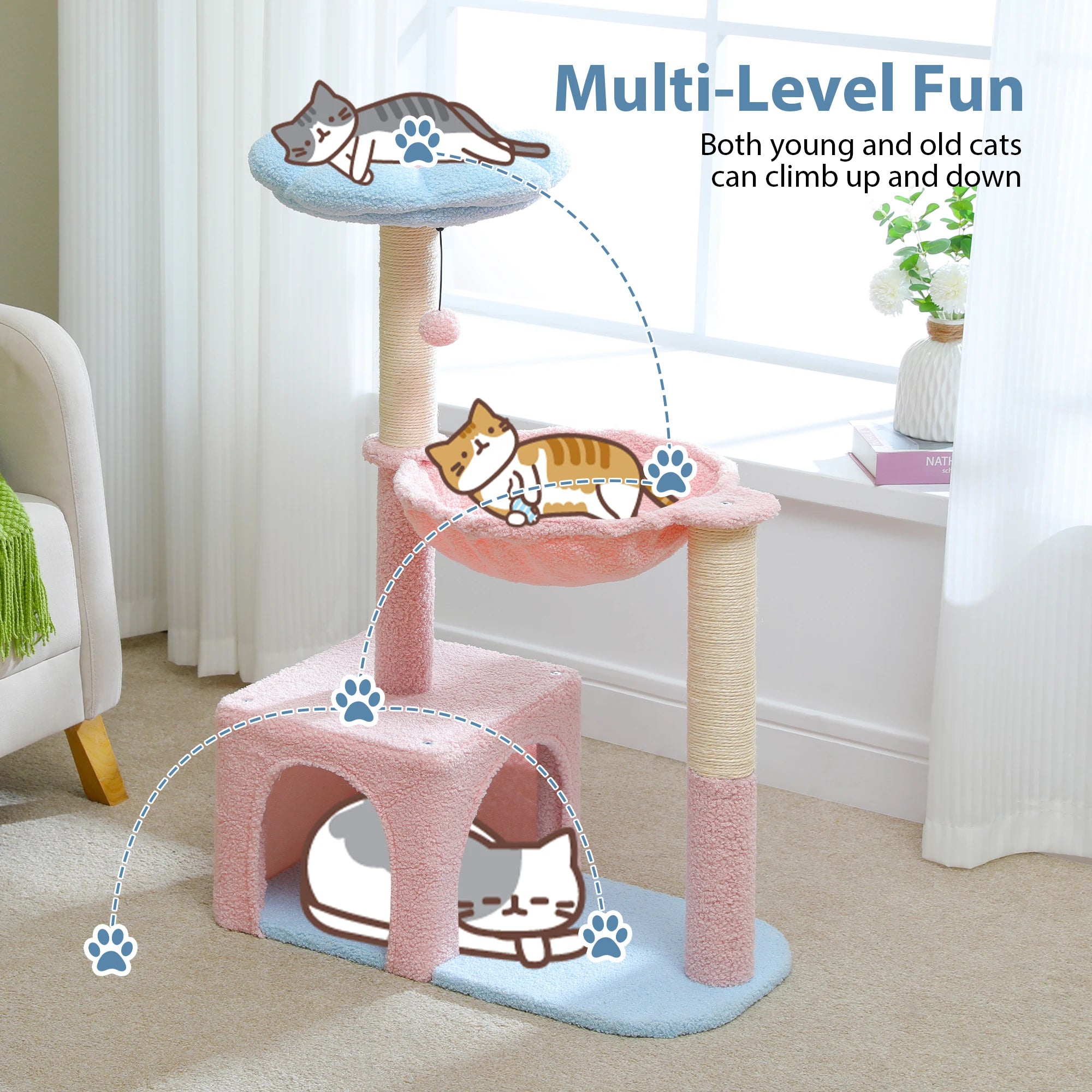 Flower Cat Tree with Hammock, Sisal Scratching Posts & Cozy Condo for Indoor Cats