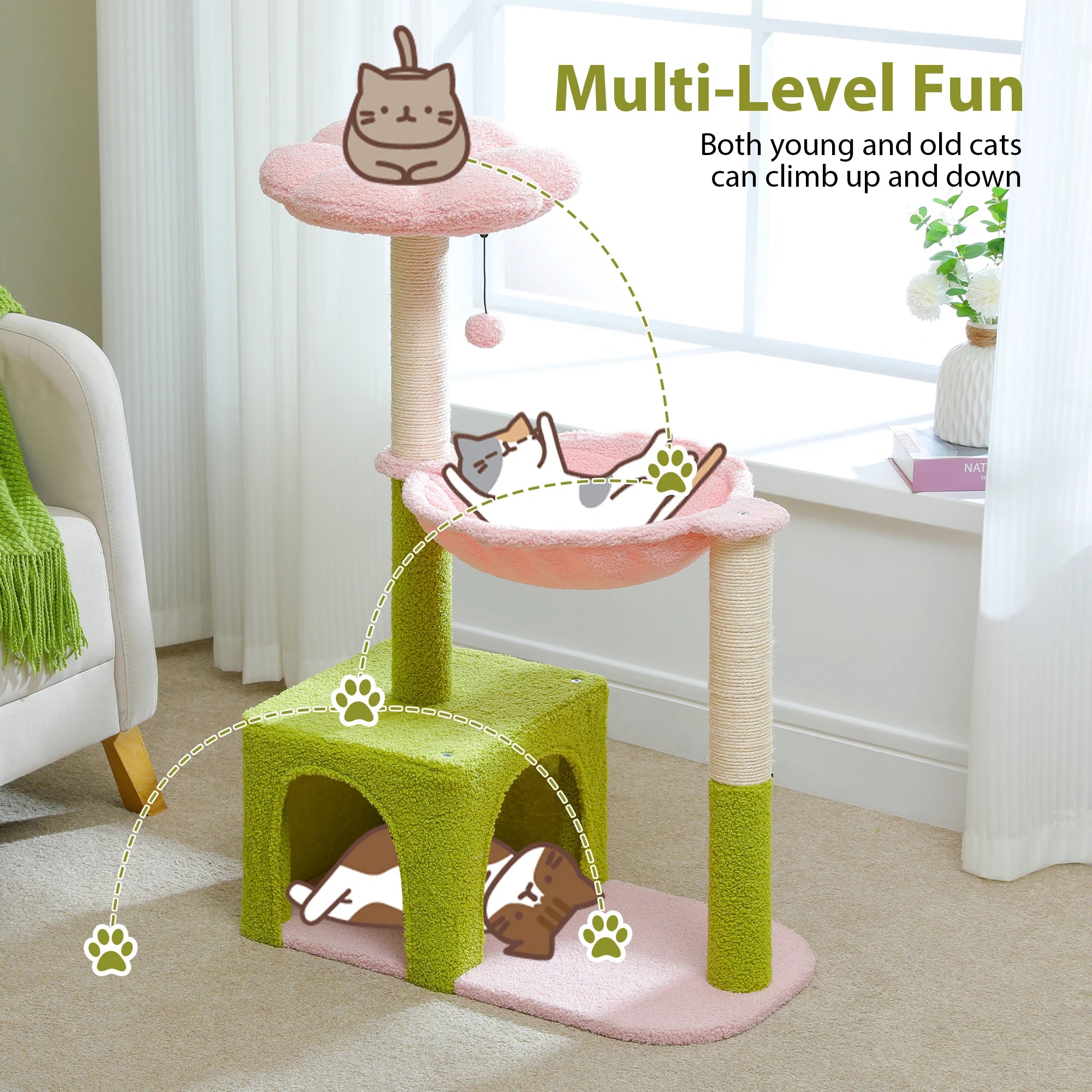Flower Cat Tree with Hammock, Sisal Scratching Posts & Cozy Condo for Indoor Cats