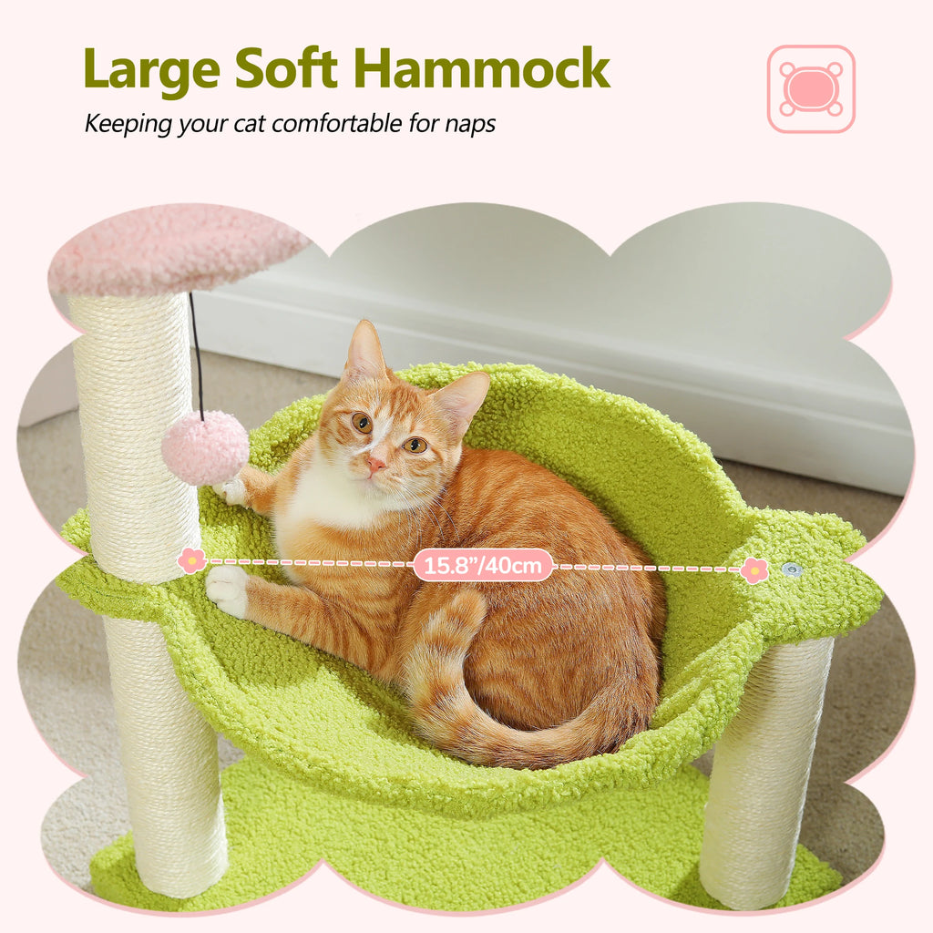 Flower Cat Tree with Sisal Scratching Posts & Large Hammock – Compact Indoor Cat Tower with Soft Top Perch for Kittens
