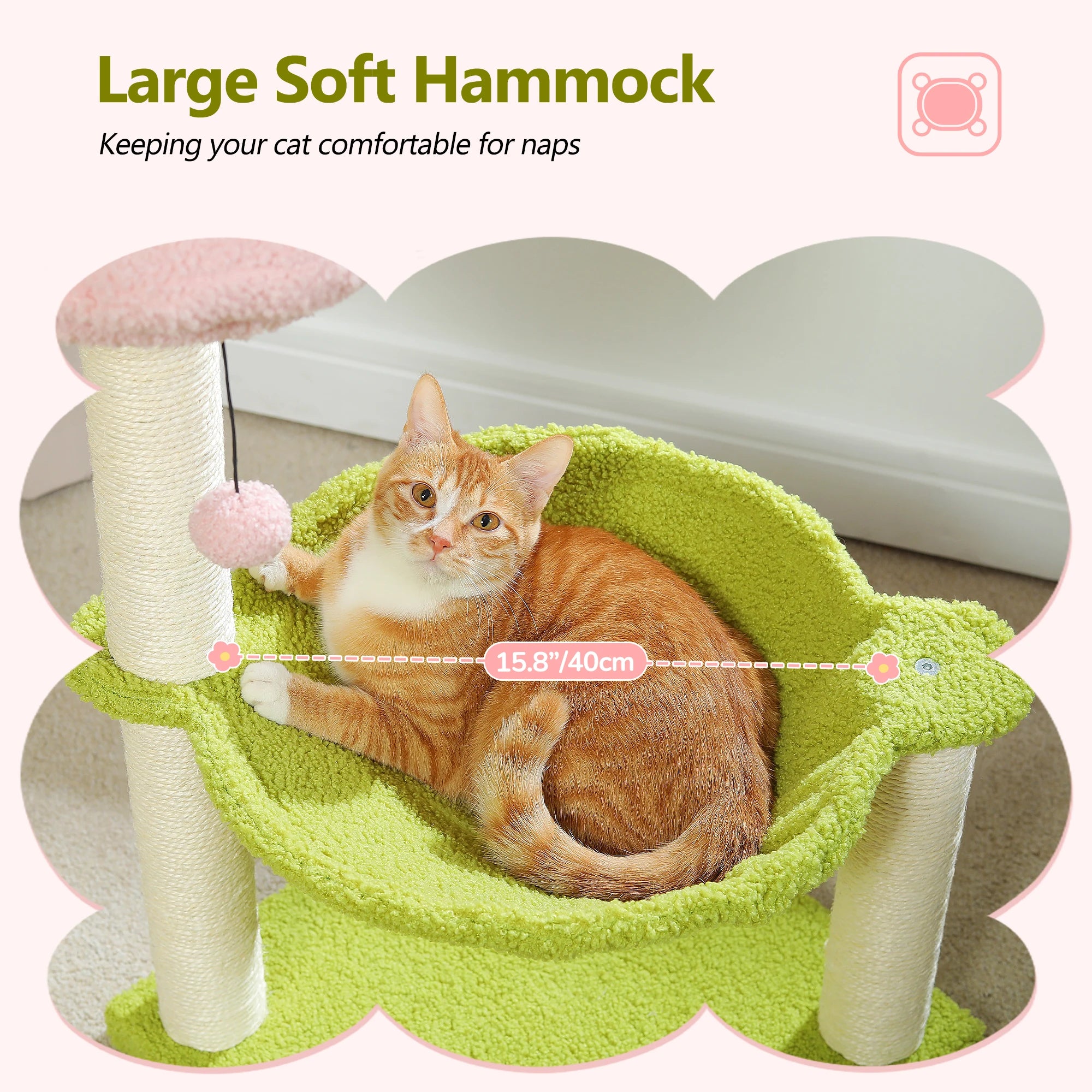 Flower Cat Tree with Sisal Scratching Posts & Large Hammock – Compact Indoor Cat Tower with Soft Top Perch for Kittens