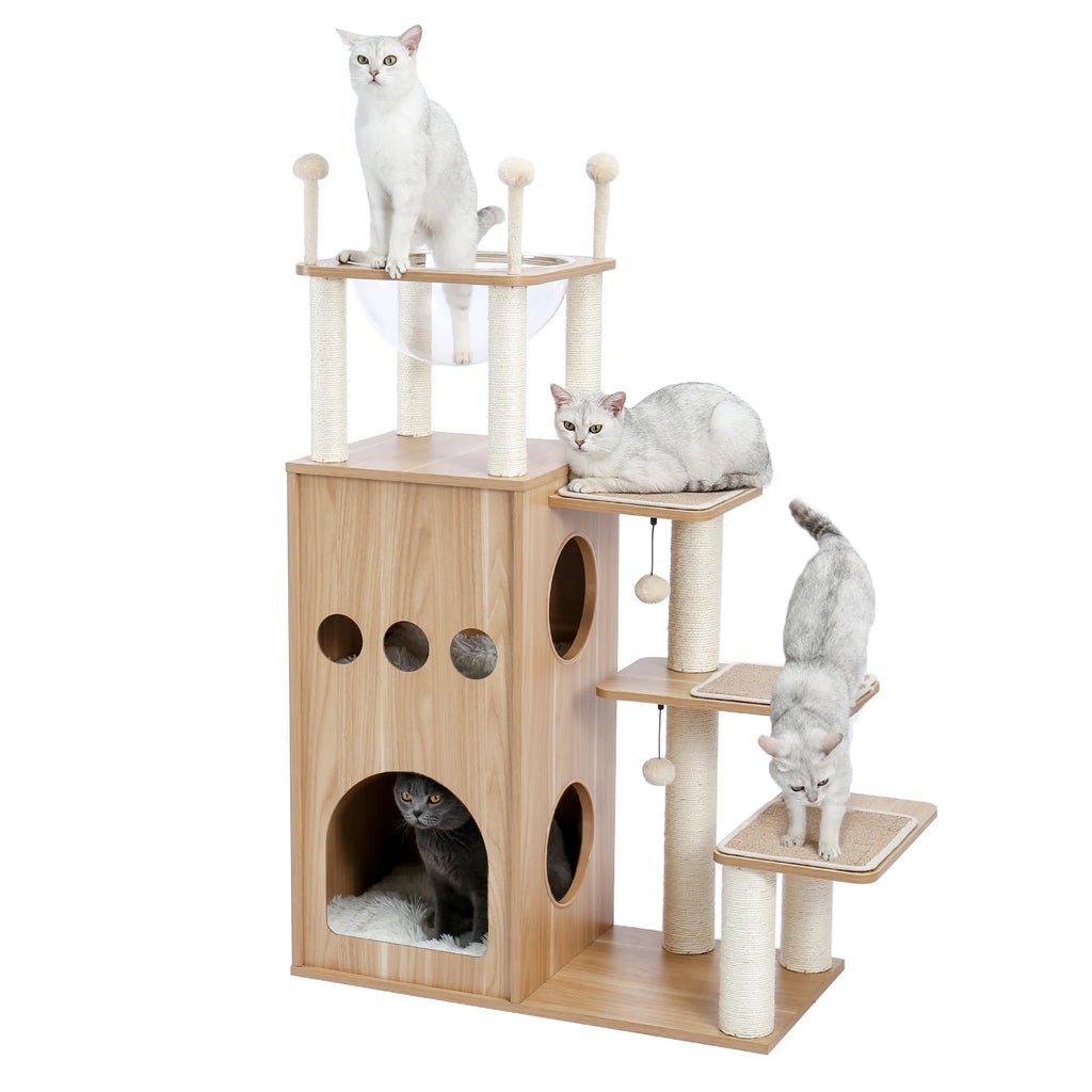 Modern Wood Cat Castle Tree (5+ Levels, Large Condos + Clear Bowl Perch)