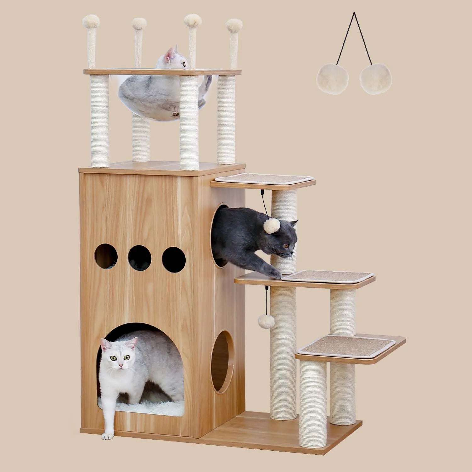 Modern Wood Cat Castle Tree (5+ Levels, Large Condos + Clear Bowl Perch)