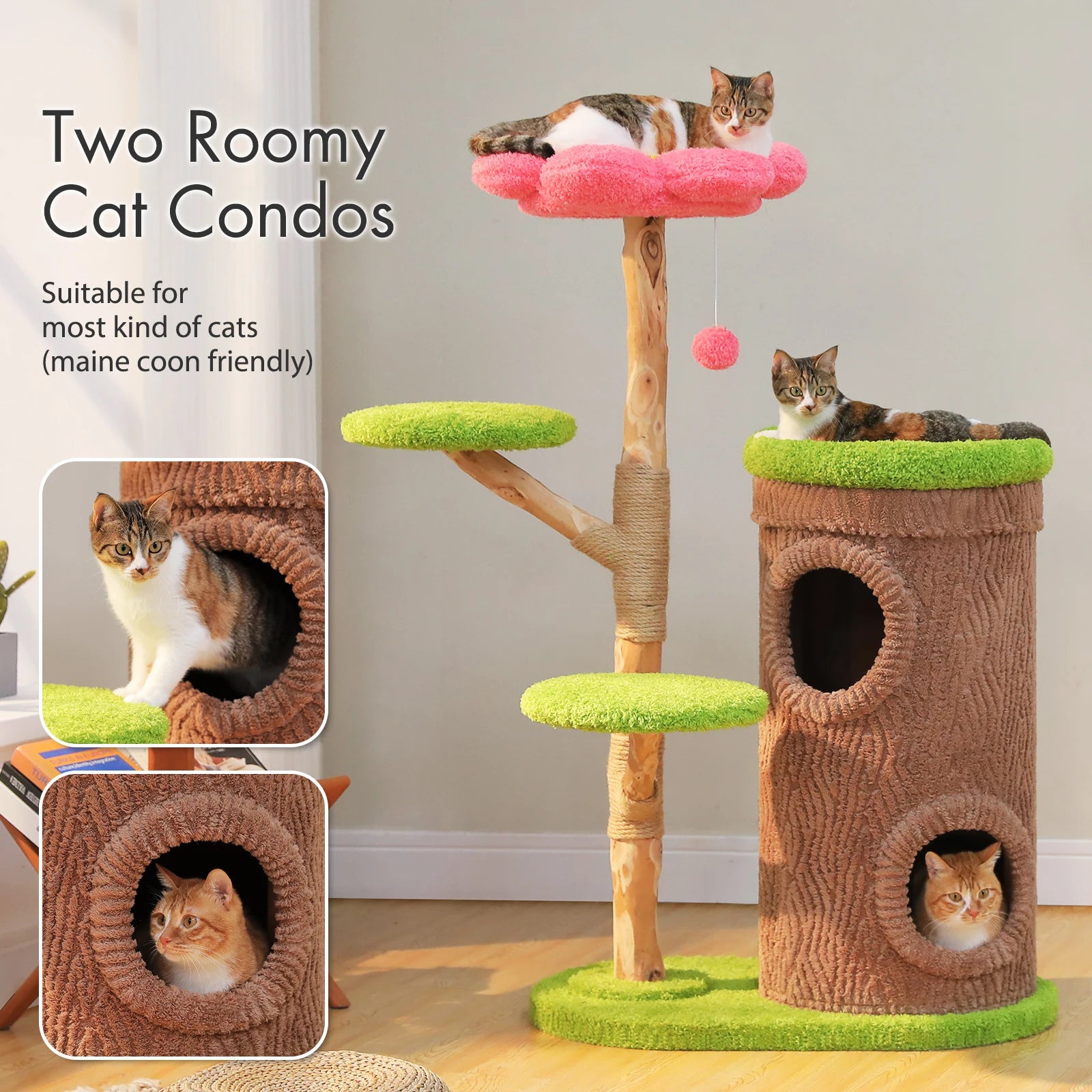 Forest Cat Tree Tower (4 Condos + Flower Top Bed + Thick Scratcher)